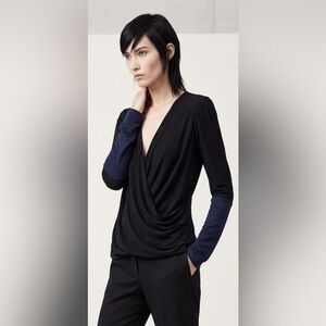 Maje  100% Silk color-block drape faux wrap blouse.